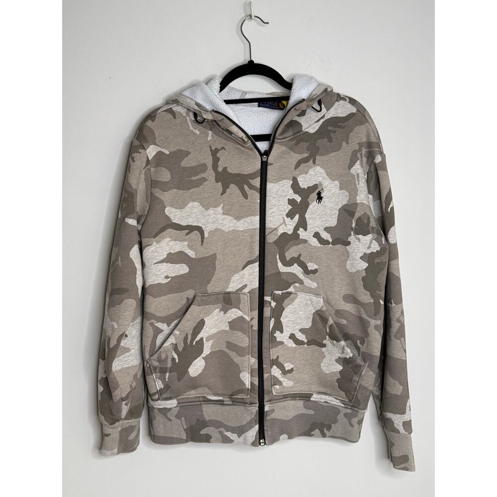 Polo Ralph Lauren Hoodie Mens Medium Gray Brown Camo Full Zip Fleece Sweatshirt